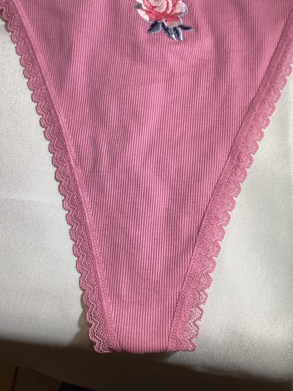 PINK Victoria's Secret Pink Ribbed Thong with Rose Embroidery - Picture 5 of 10